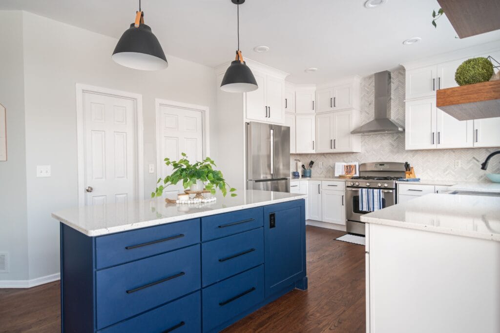 Kitchen with black light dome fixture and blue kitchen island with green house plant on top.