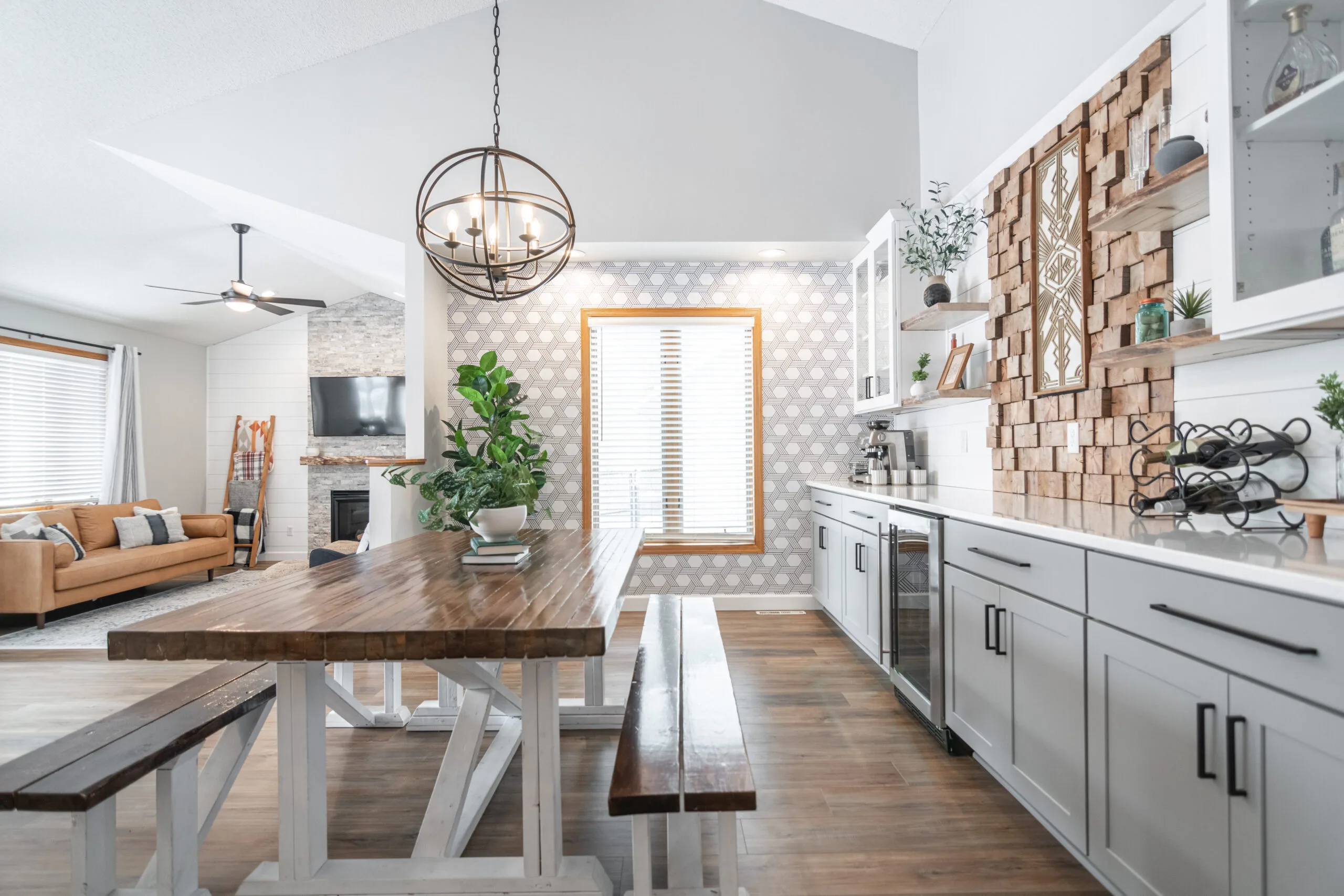 A bright dinning farmhouse table in a dinning room